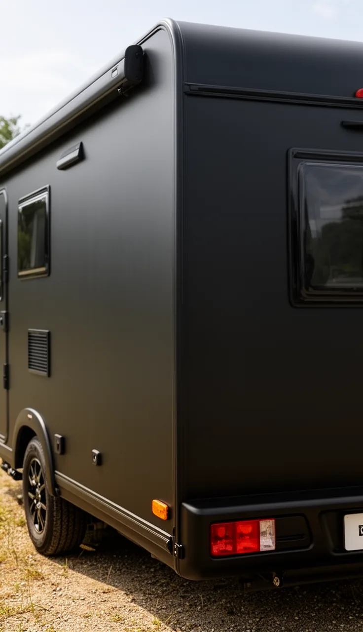 Camper exterior painted a sleek matte black monochrome with blacked-out trim