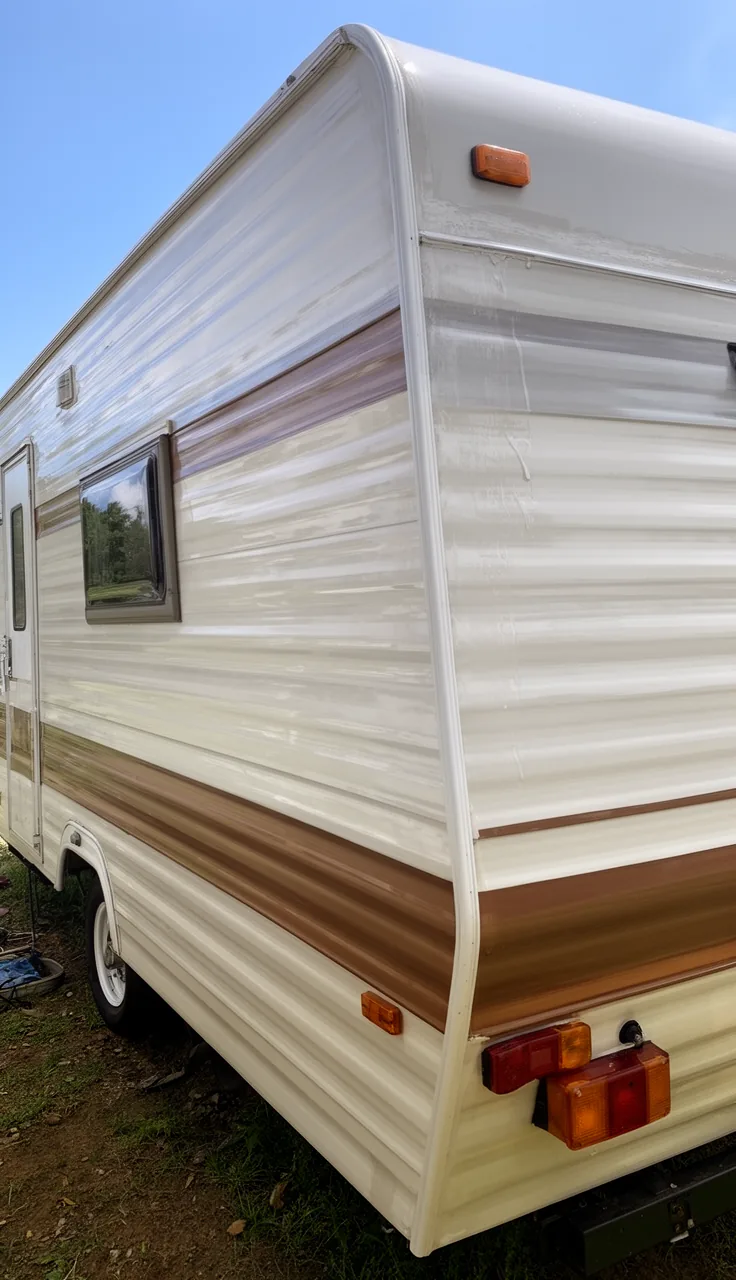 Camper exterior finished with a clear protective sealant topcoat over the fresh paint