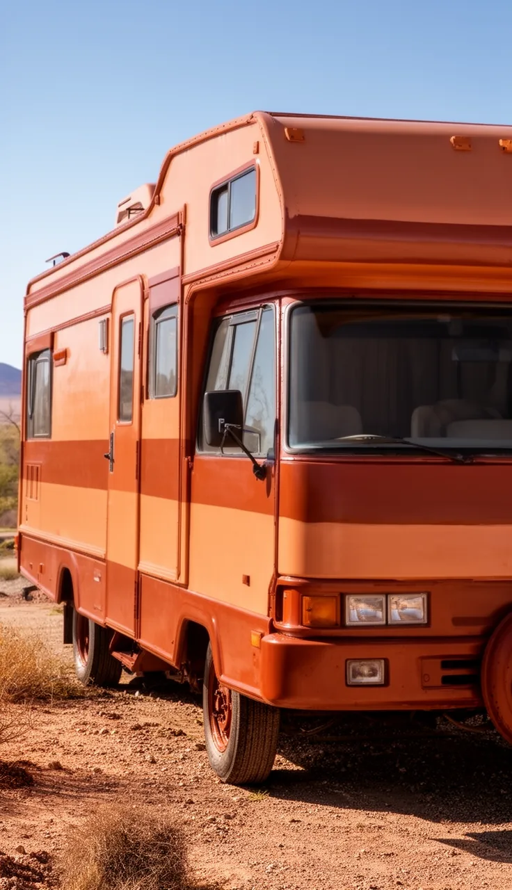 Camper painted in warm terracotta and rust tones for southwestern charm