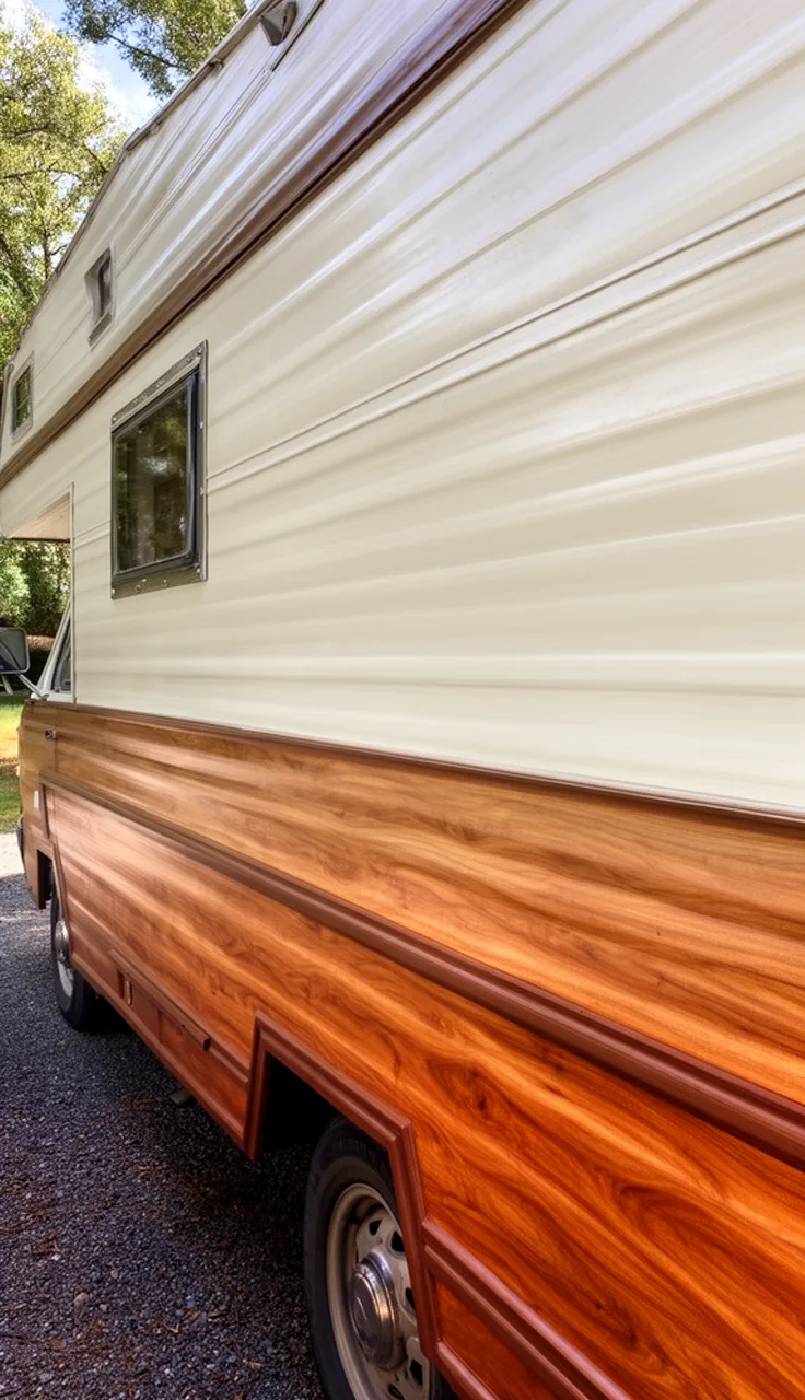 Camper exterior with a painted faux-wood panel accent along the lower side