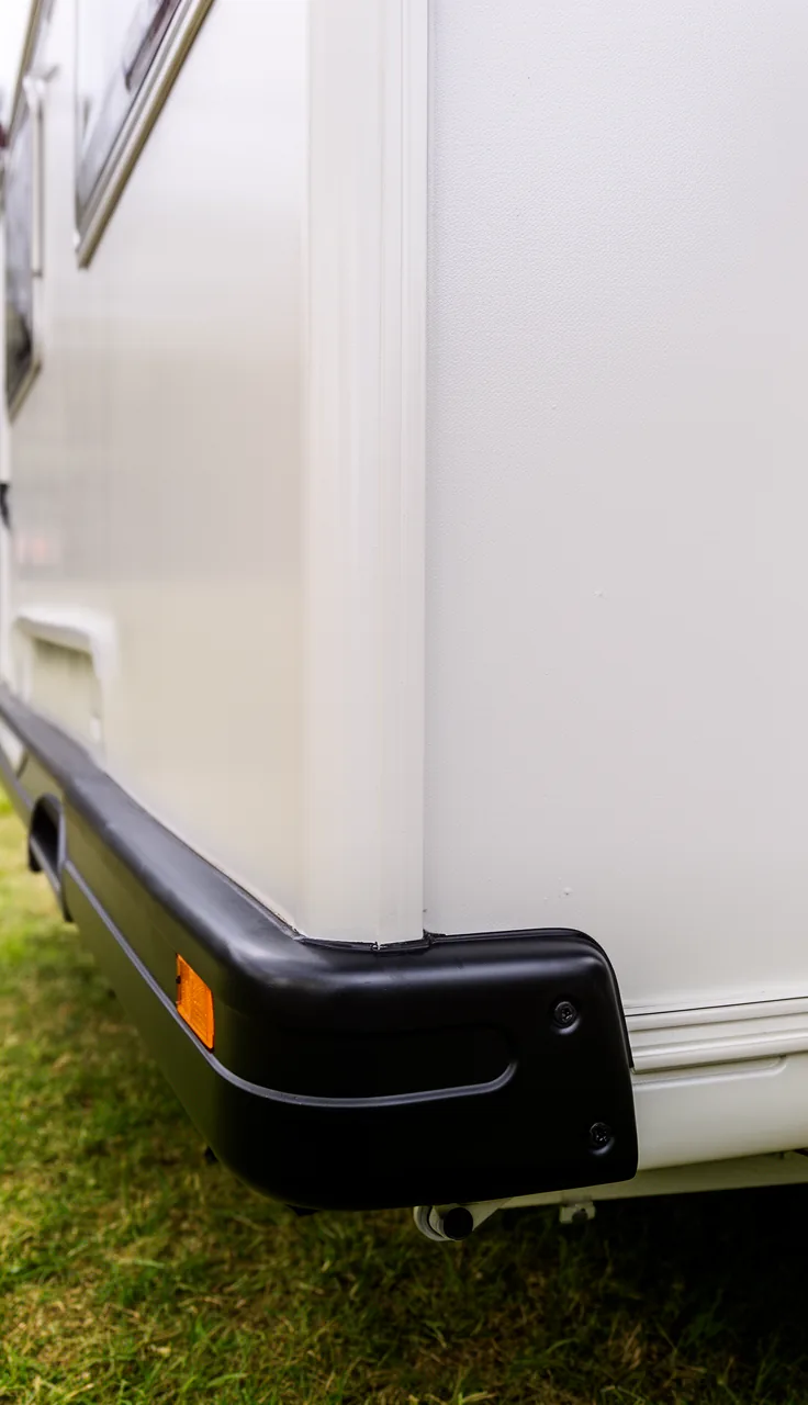 Camper exterior with freshly painted black trim, bumper, and hardware against a light body