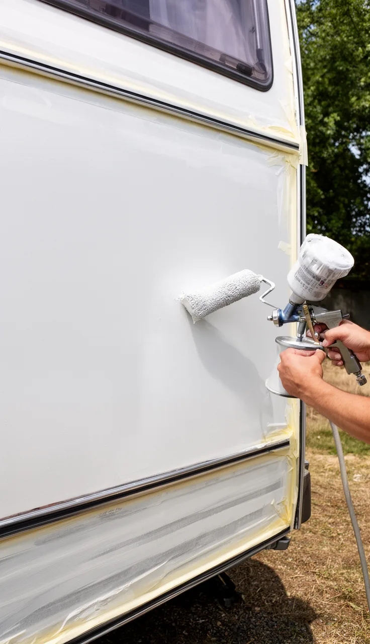 Camper exterior mid-project with taped edges and even paint being applied carefully