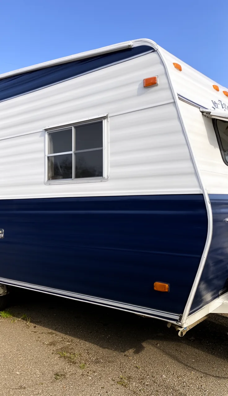 Camper painted in classic nautical navy and crisp white two-tone for classic style