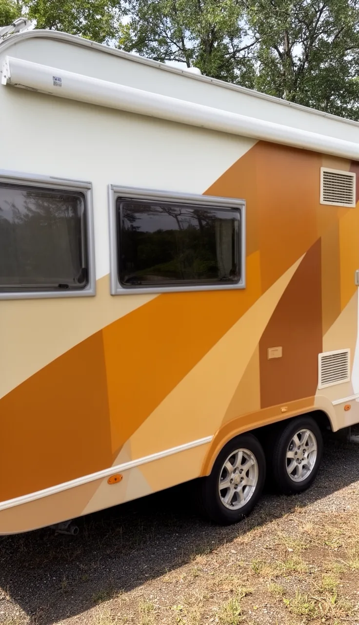 Camper exterior with bold geometric color-block panels in warm coordinated tones