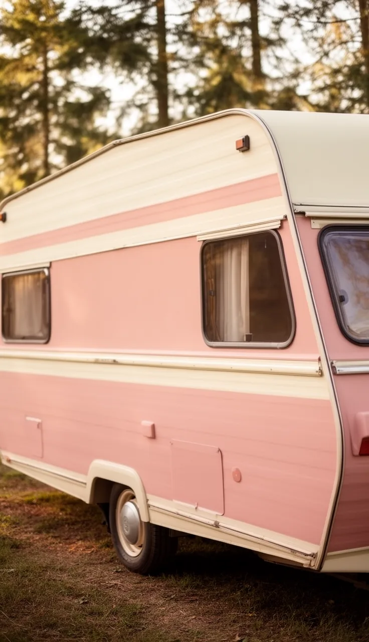 Vintage camper painted a soft muted blush pink with cream trim for a sweet retro look