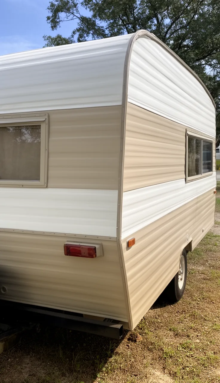Camper exterior fully repainted a fresh soft neutral for a ground-up makeover