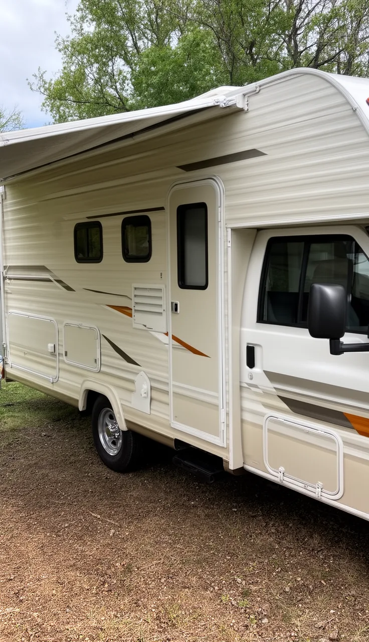 Camper with awning, wheels, and accents color-coordinated to the body