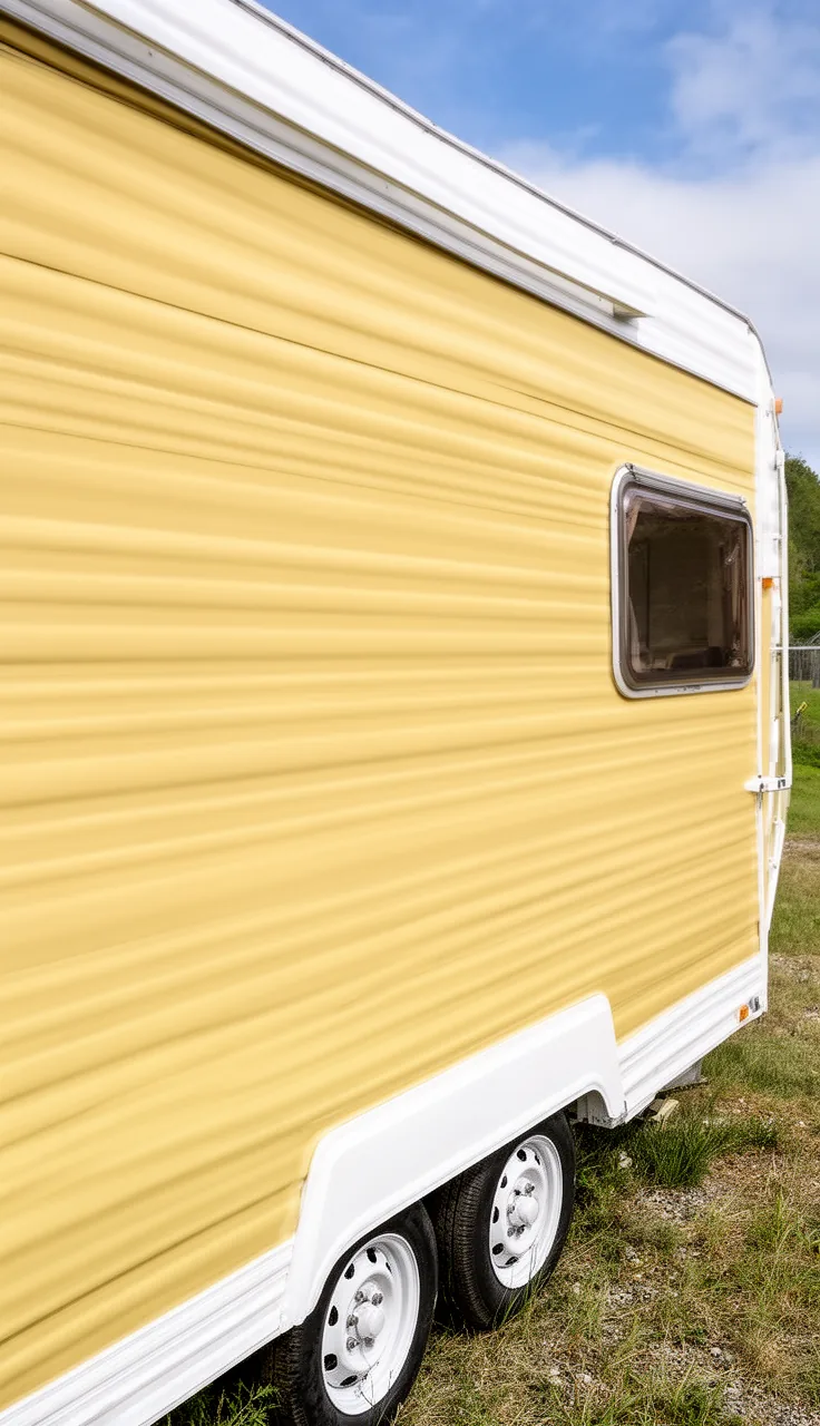 Cheerful buttery-yellow camper with crisp white trim parked outdoors