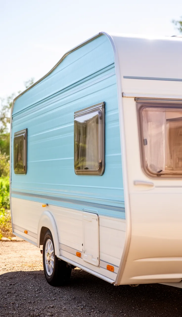 Soft coastal blue and warm white camper parked in bright light
