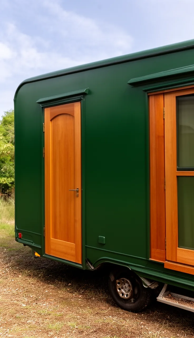 Camper painted a deep forest green with warm wood door accents