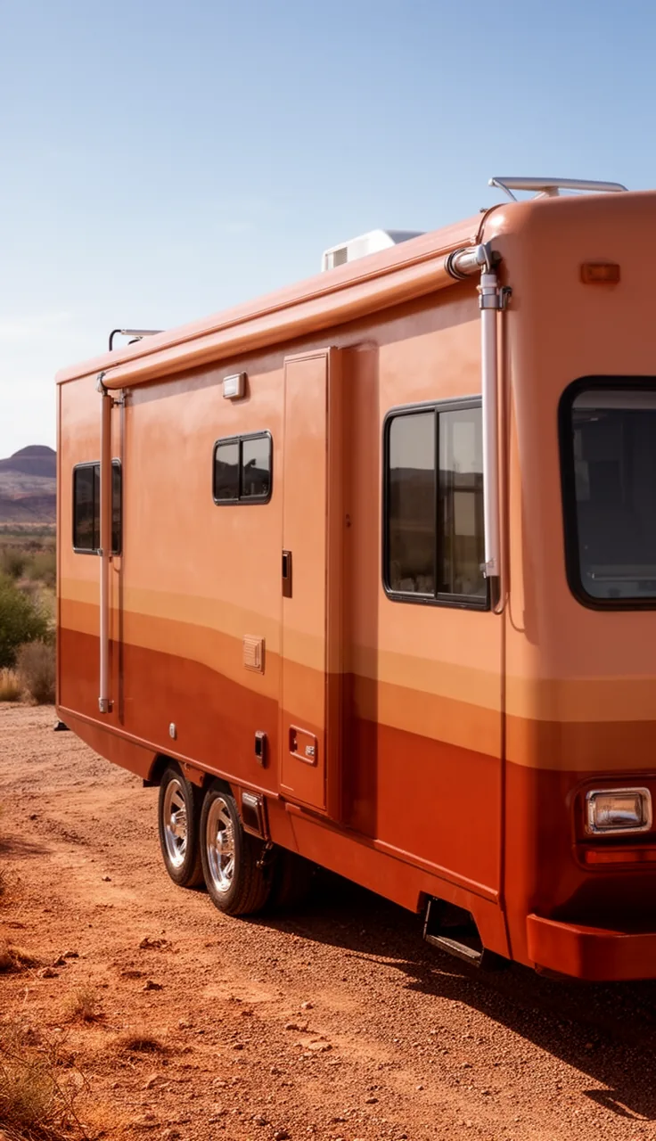 Camper in warm terracotta and rust southwestern tones in desert light