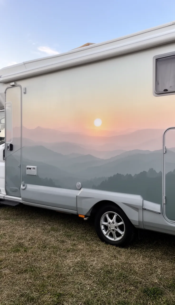 Camper exterior with a soft muted mountain-and-sunset mural along the side