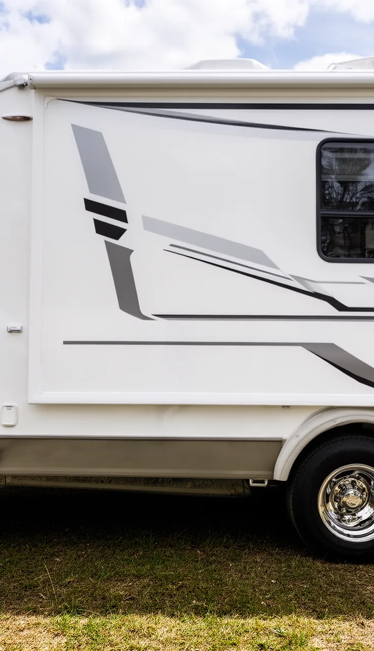 Camper with clean geometric vinyl decal stripes on a white body