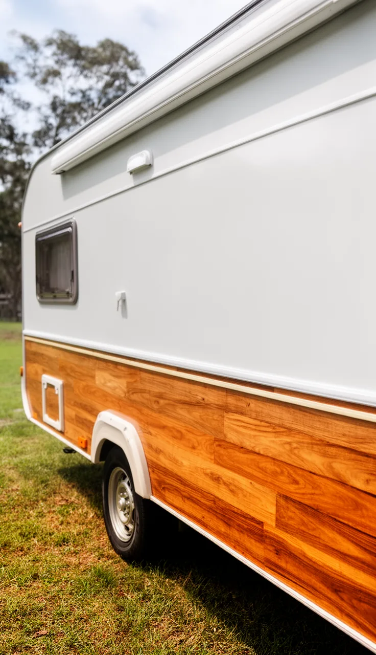 Camper with a warm faux-woodgrain panel accent along the lower side