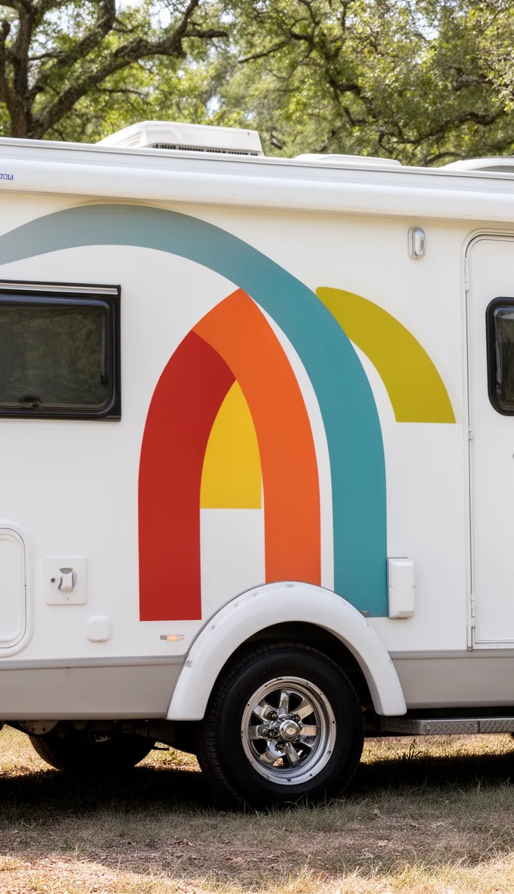 Camper with bold geometric color-block arches on the side