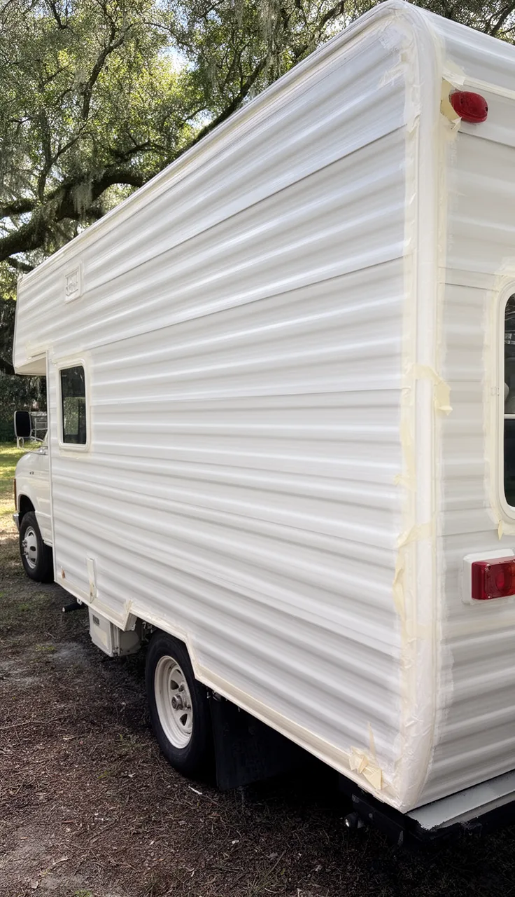 Camper mid-project with taped edges and paint applied carefully