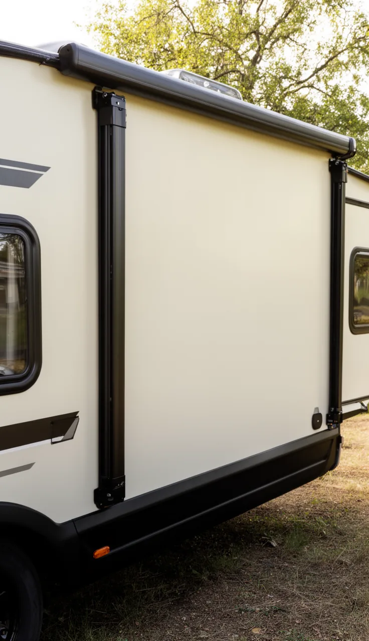 Camper with blacked-out trim, bumper, and hardware against a light body
