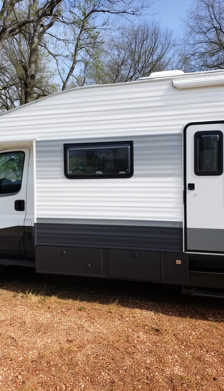 Camper exterior in a clean white-and-charcoal two-tone scheme