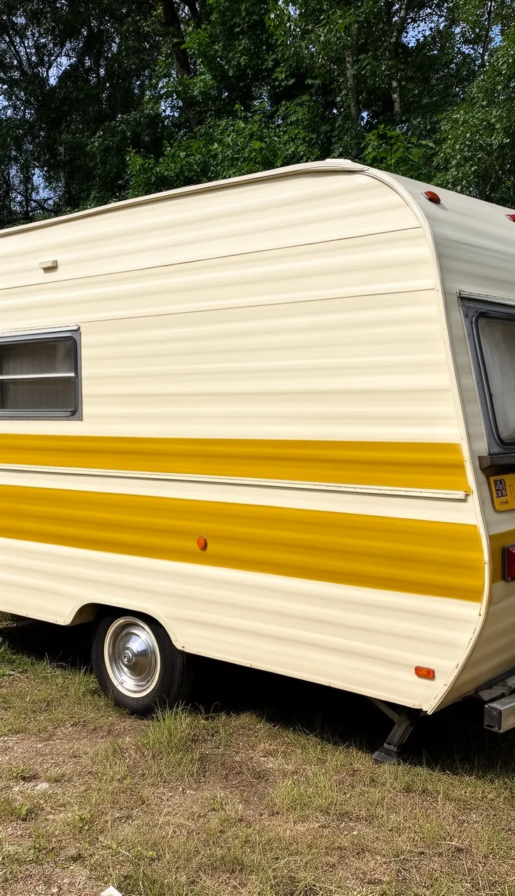 Vintage camper with a bold mustard retro stripe along a cream body