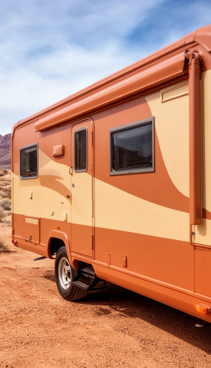 Camper in warm desert terracotta and sand tones parked outdoors