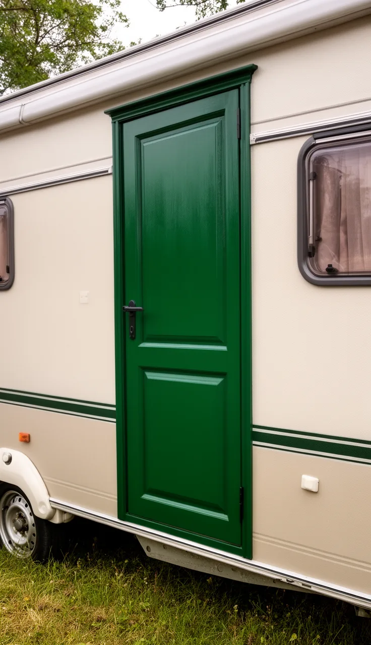 Camper with a bold deep green painted door and trim on a neutral body