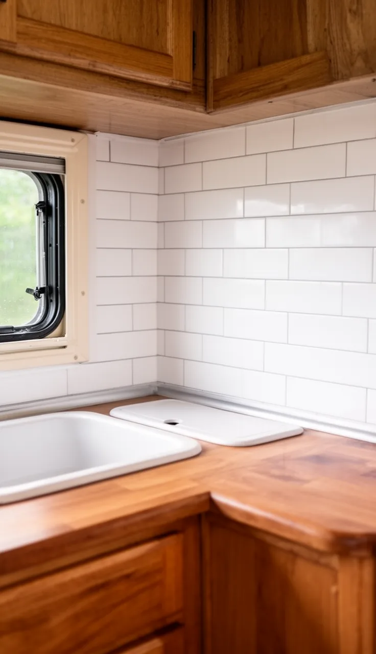 Small camper kitchen backsplash in white peel-and-stick subway tile behind a compact sink