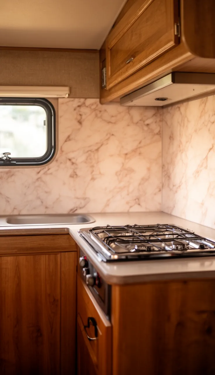 Camper kitchen backsplash in soft marble-look vinyl panel behind a small stove
