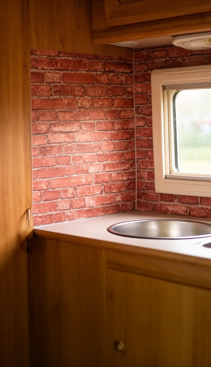 Camper kitchen backsplash in warm faux red brick behind a small counter