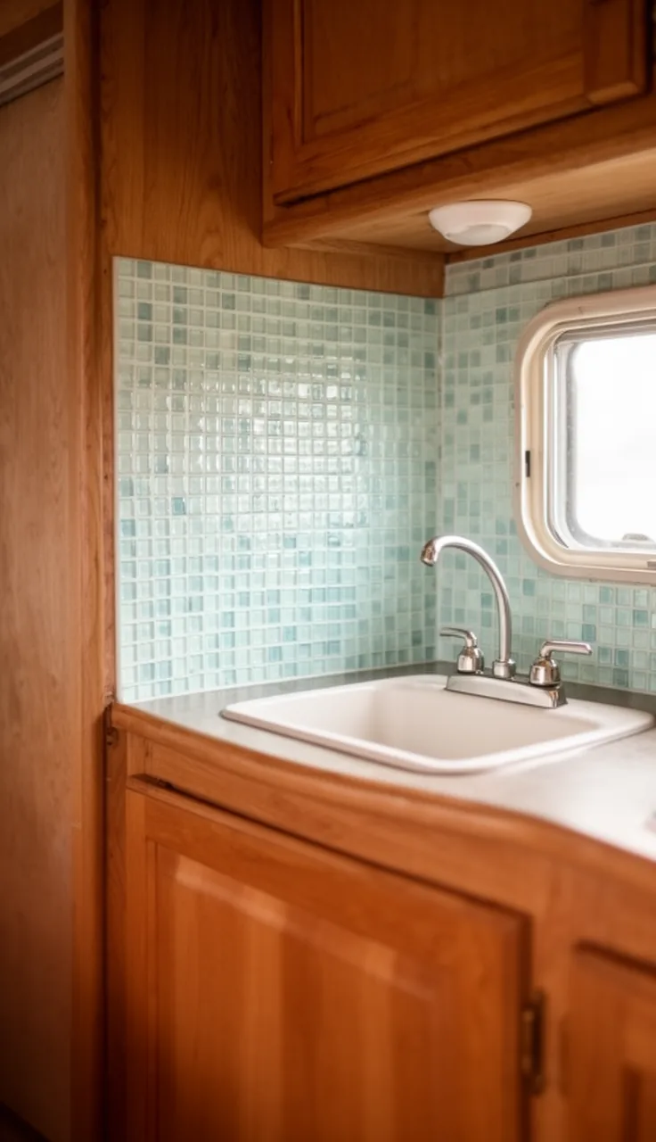 Camper kitchen backsplash in small glass mosaic tile sheets in soft blue-green behind a sink