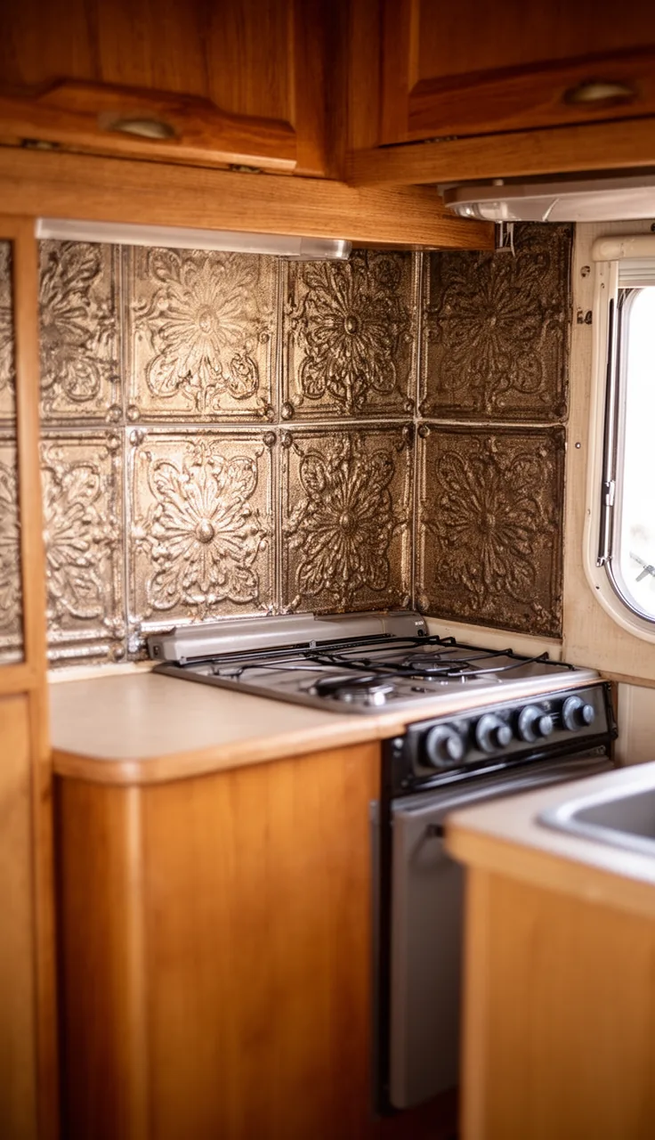 Camper kitchen backsplash in antique-look pressed tin panel behind a small stove