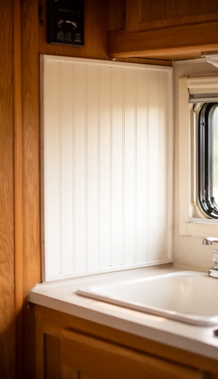 Camper kitchen backsplash in painted white beadboard panel behind a small counter
