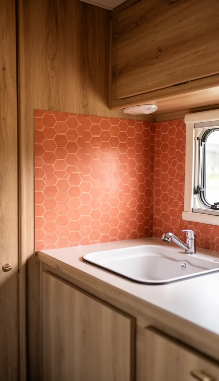 Camper kitchen backsplash in warm terracotta hexagon peel-and-stick tile behind a small sink