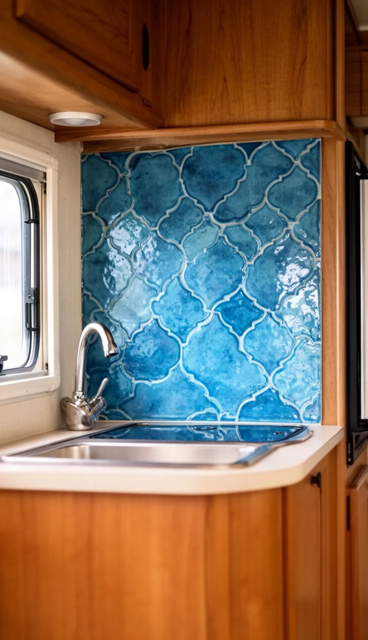 Camper kitchen backsplash in glossy coastal blue zellige-style tile behind a small counter