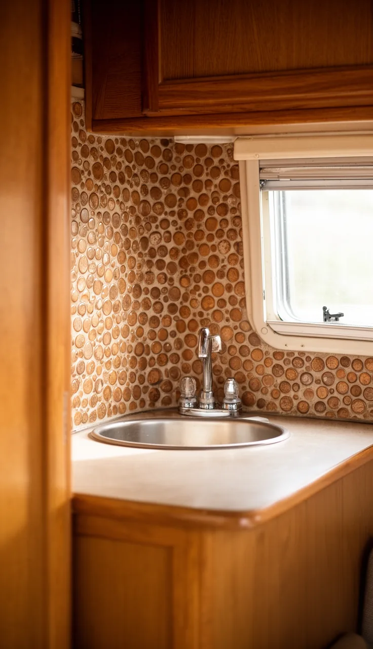 Camper kitchen backsplash in warm earthy penny-round tile behind a small sink