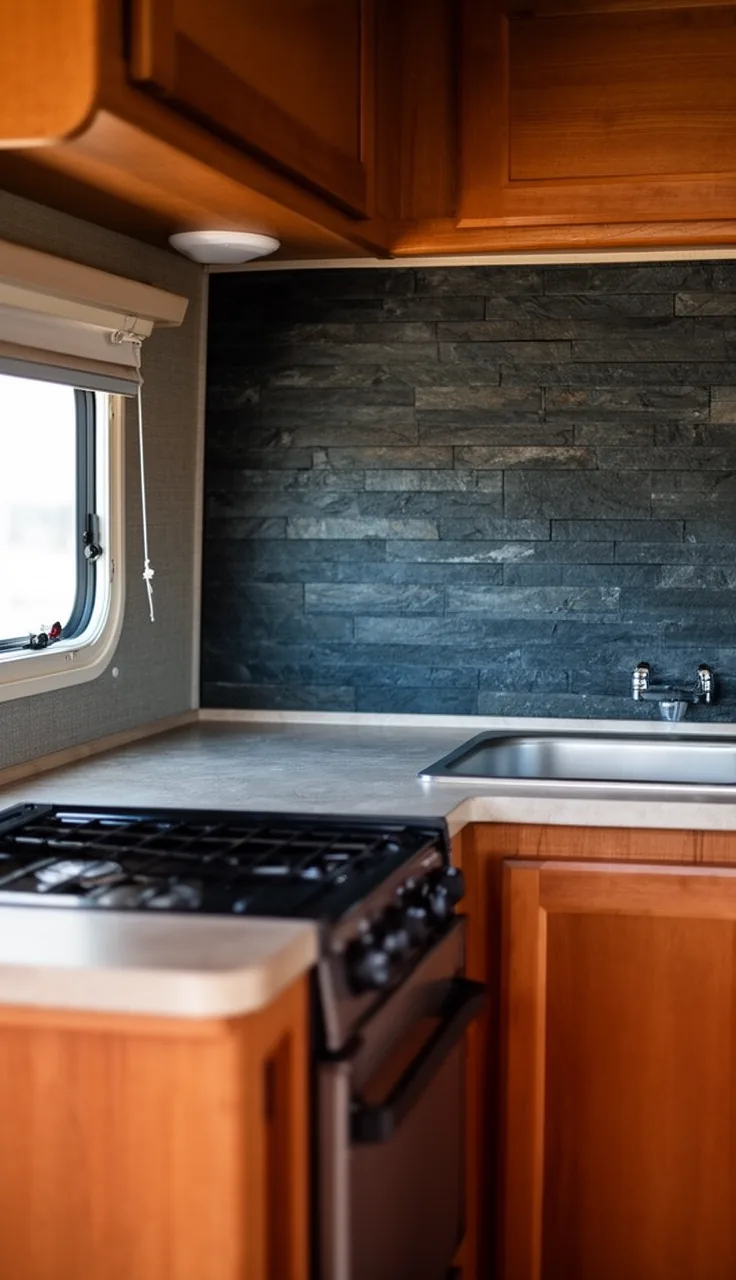 Camper kitchen backsplash in dark moody slate-look tile behind a small stove