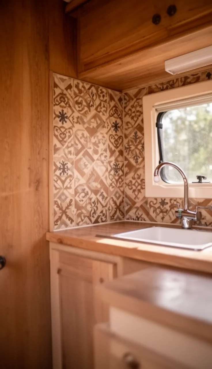 Camper kitchen backsplash in warm patterned encaustic-look geometric tile behind a small counter