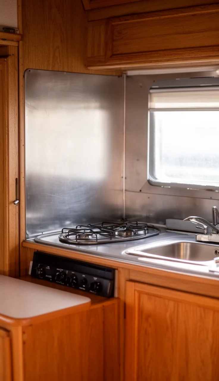 Camper kitchen backsplash in brushed stainless steel sheet behind a small stove