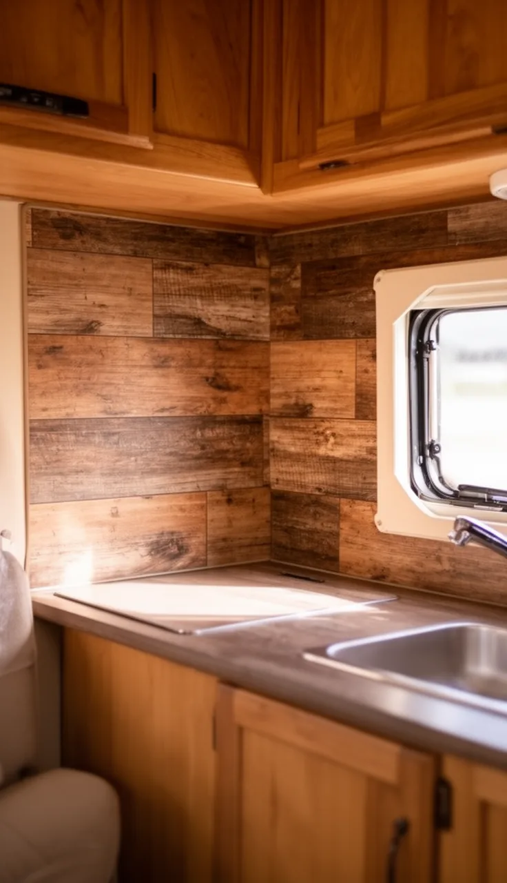 Camper kitchen backsplash in warm reclaimed-look wood plank behind a small counter