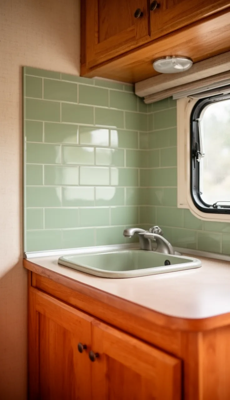 Camper kitchen backsplash in soft sage green subway tile behind a small sink