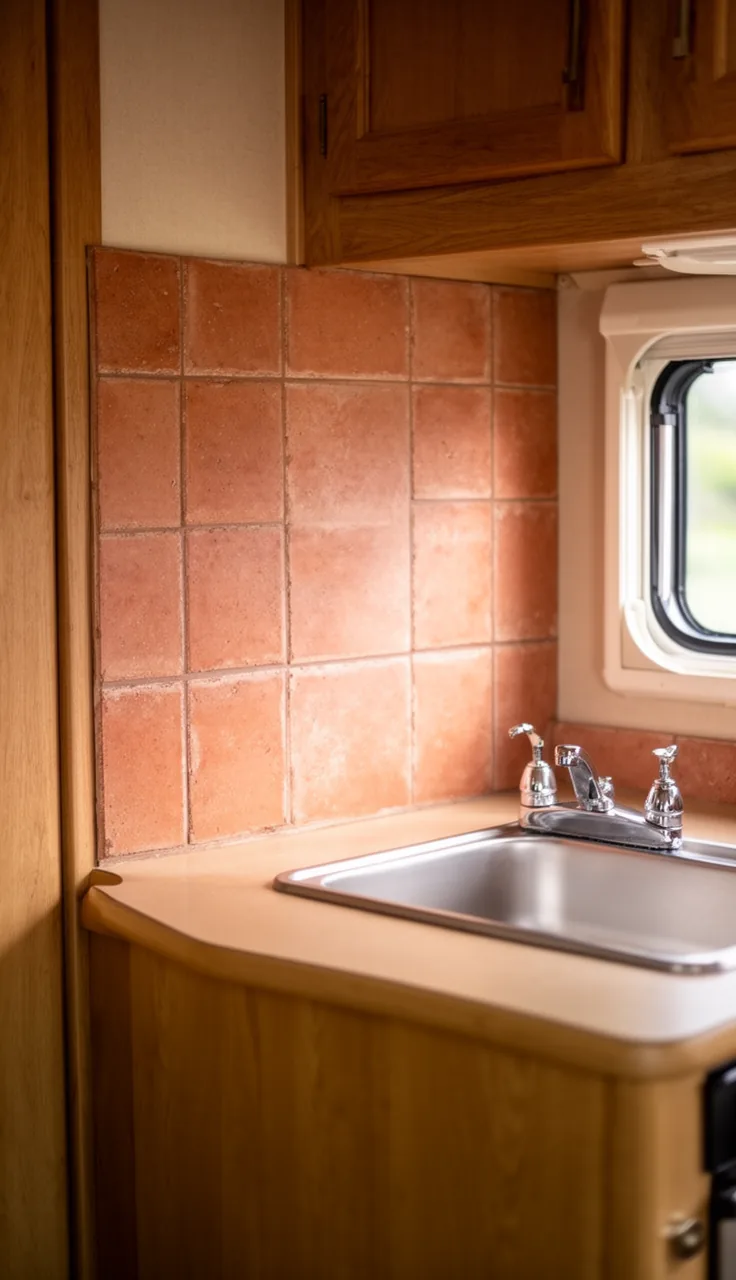 Camper kitchen backsplash in warm terracotta clay-look square tile behind a small counter