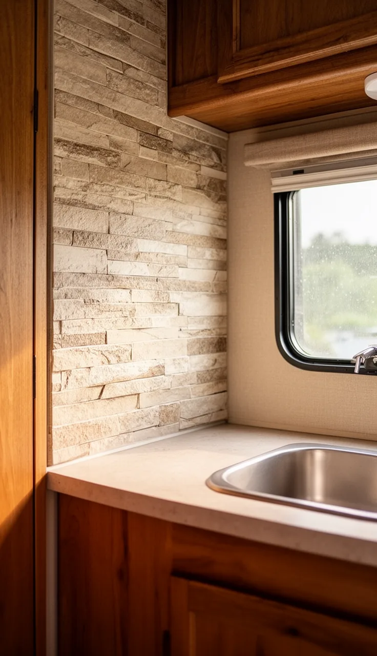 Camper kitchen backsplash in warm neutral stacked stone-look panel behind a small counter