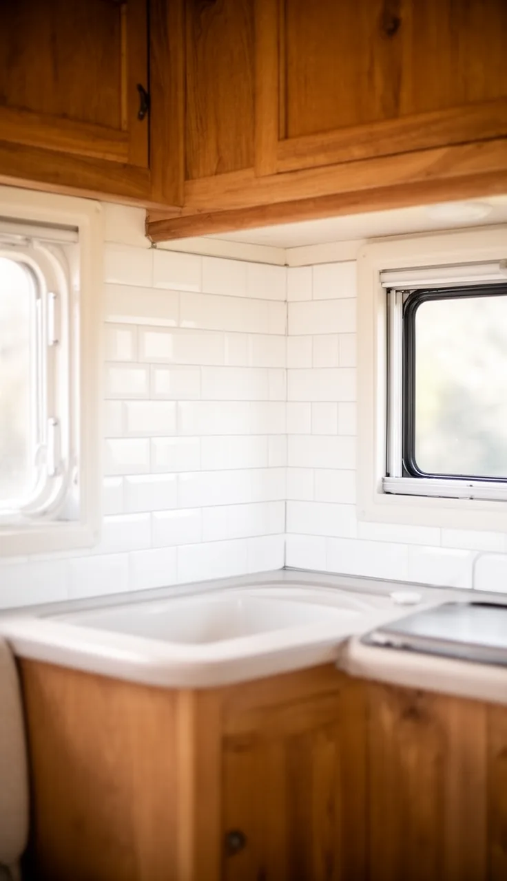 Camper kitchen backsplash in bright white beveled subway tile behind a small sink