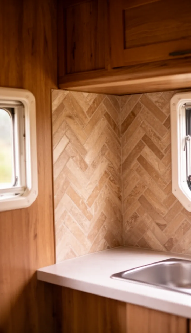 Camper kitchen backsplash in warm herringbone-pattern tile behind a small counter