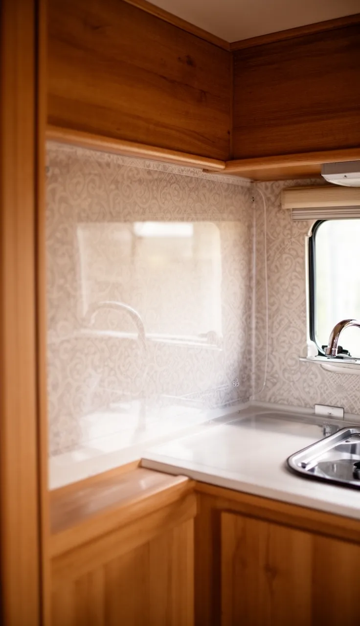 Camper kitchen backsplash in patterned removable wallpaper behind a clear protective panel