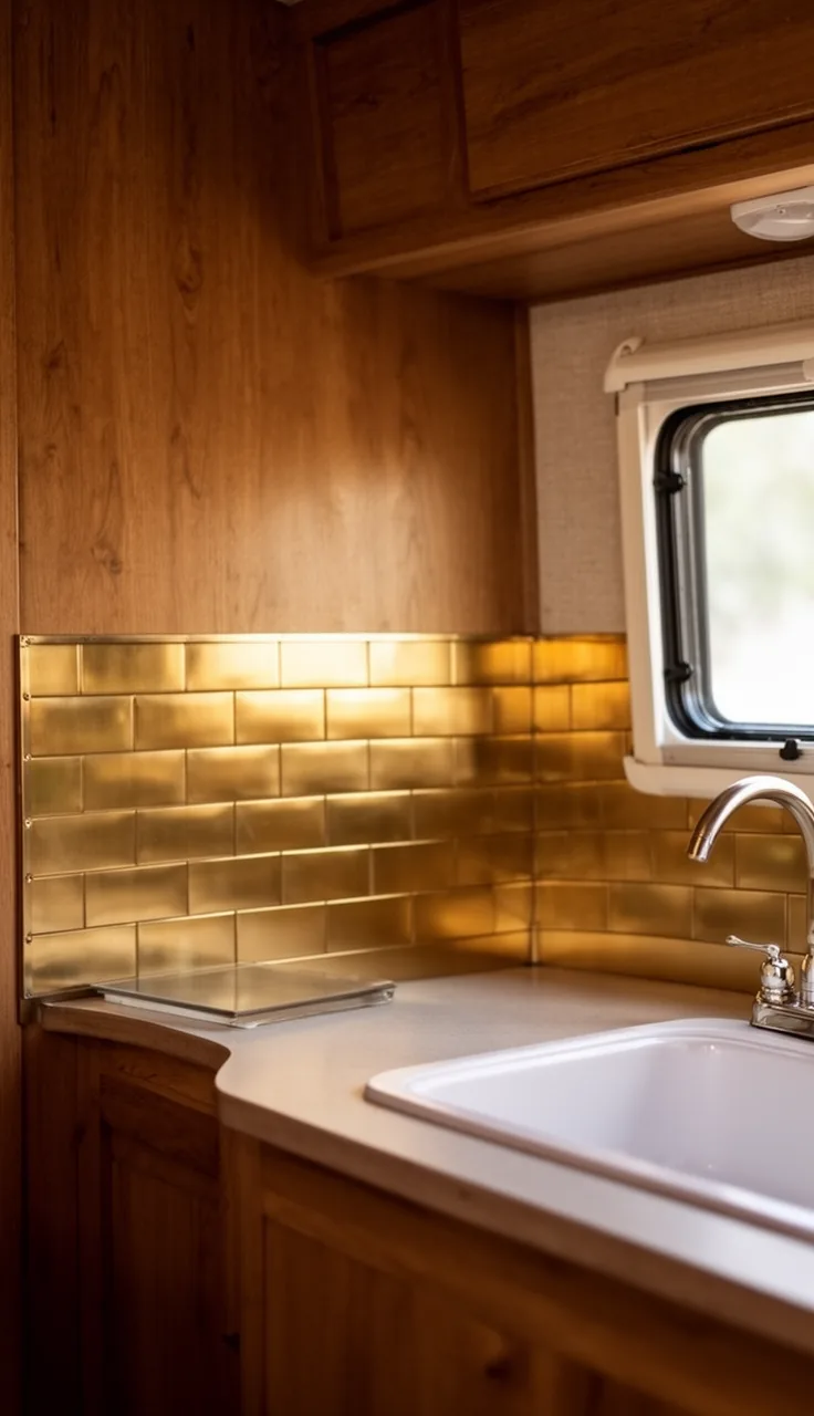 Camper kitchen backsplash in warm brushed brass metal tile behind a small counter