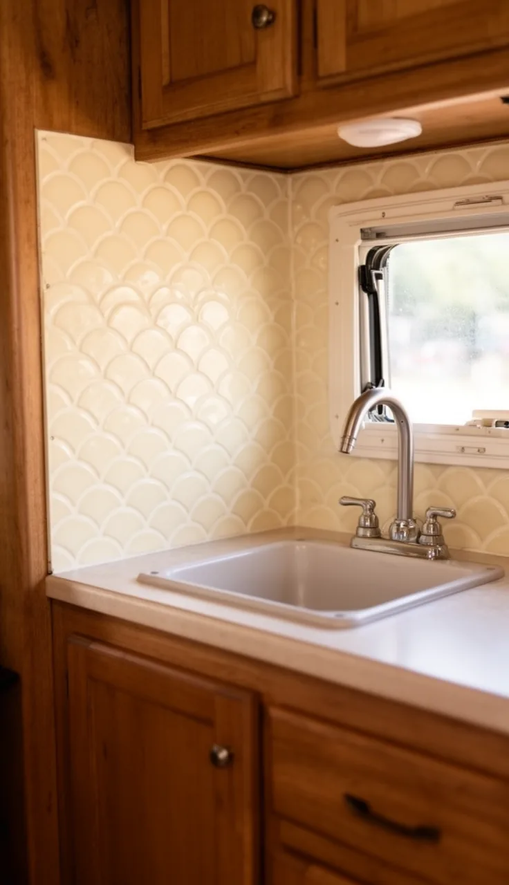 Camper kitchen backsplash in soft cream fish-scale scallop tile behind a small sink