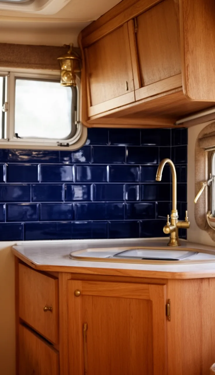 Camper kitchen backsplash in deep glossy navy blue tile behind a small counter