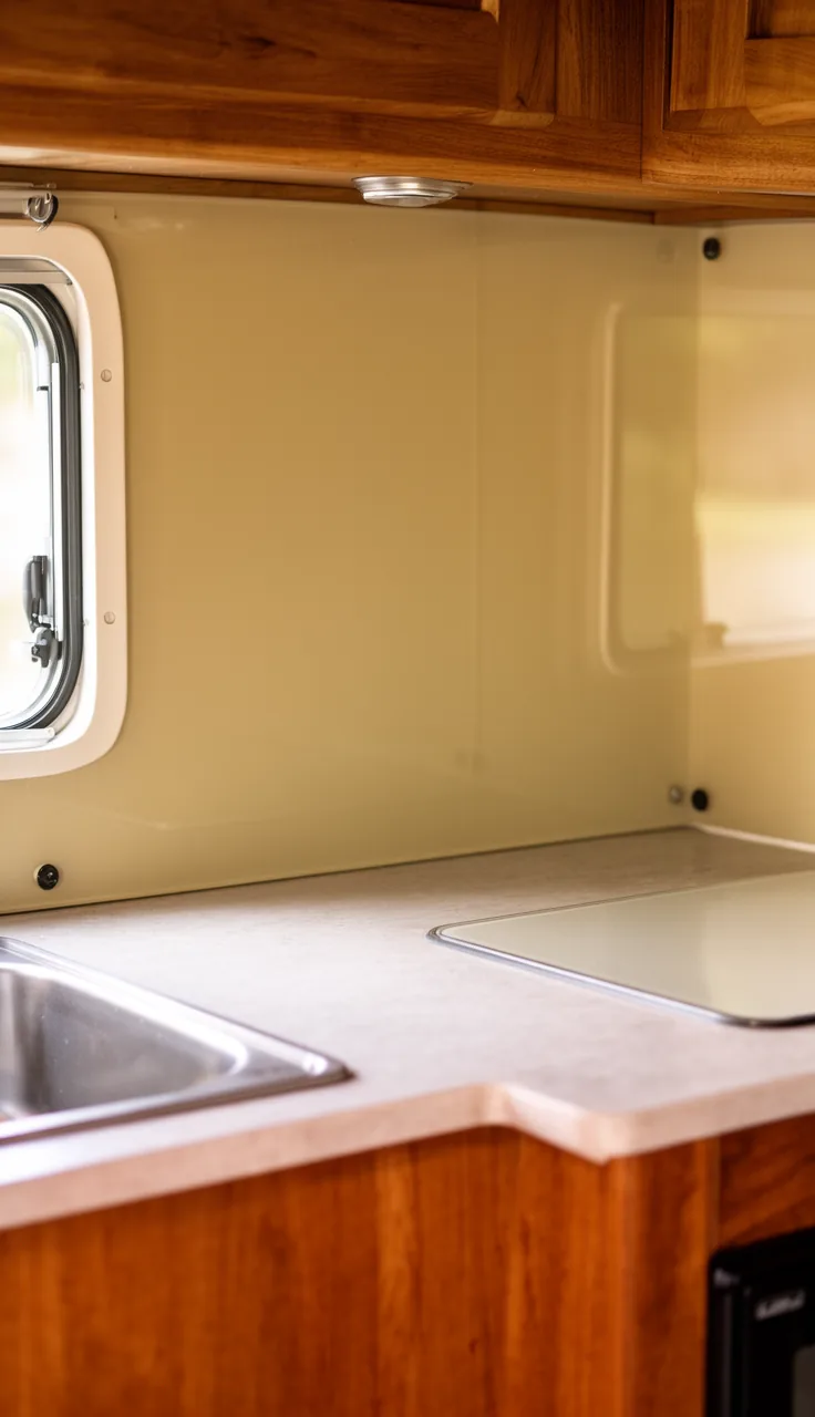 Camper kitchen backsplash in a smooth clear glass panel over a warm painted wall