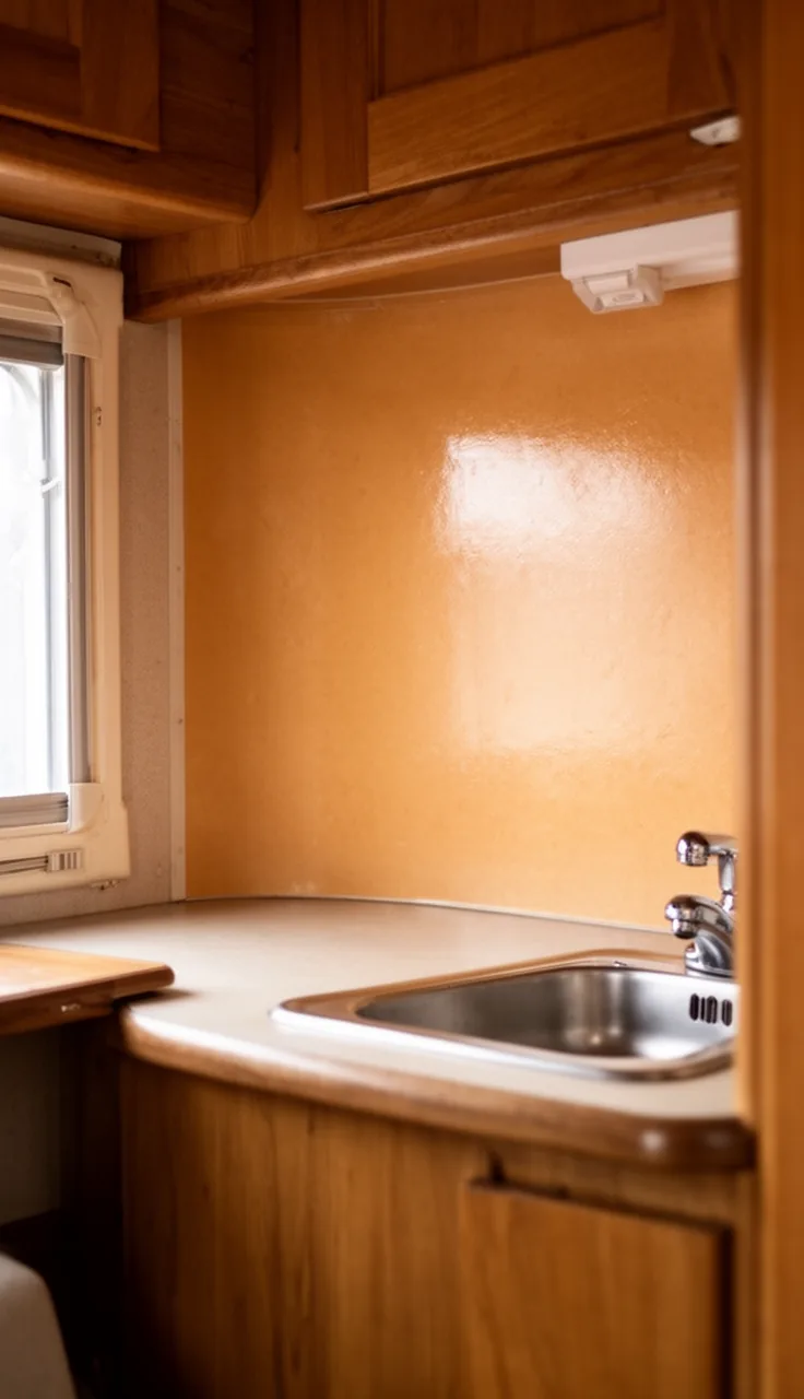 Camper kitchen backsplash in warm painted color behind a small counter