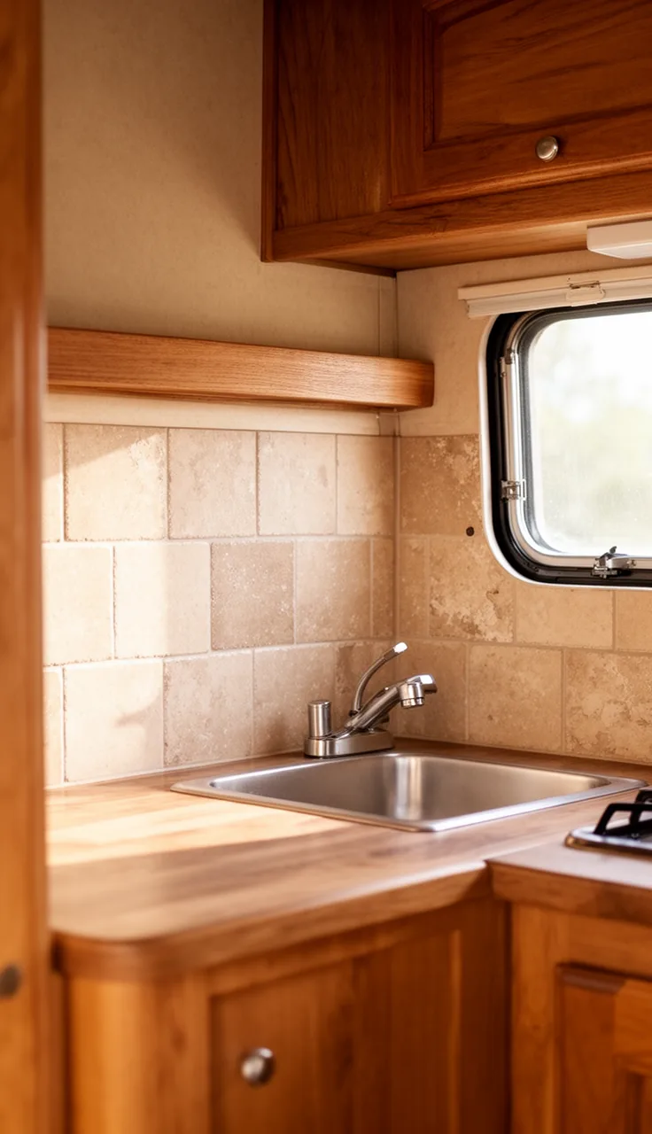 Camper kitchen backsplash mixing a warm wood shelf and tile behind a small counter